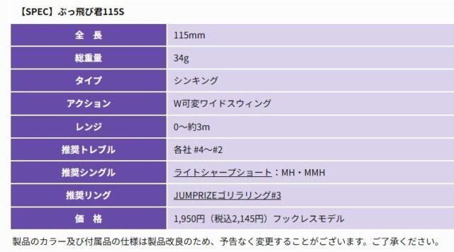 ジャンプライズ ぶっ飛び君115s スペック